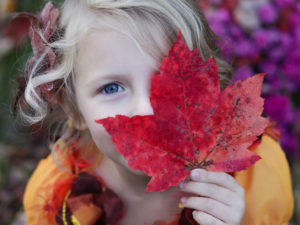 Young girl with big red leaf covering face